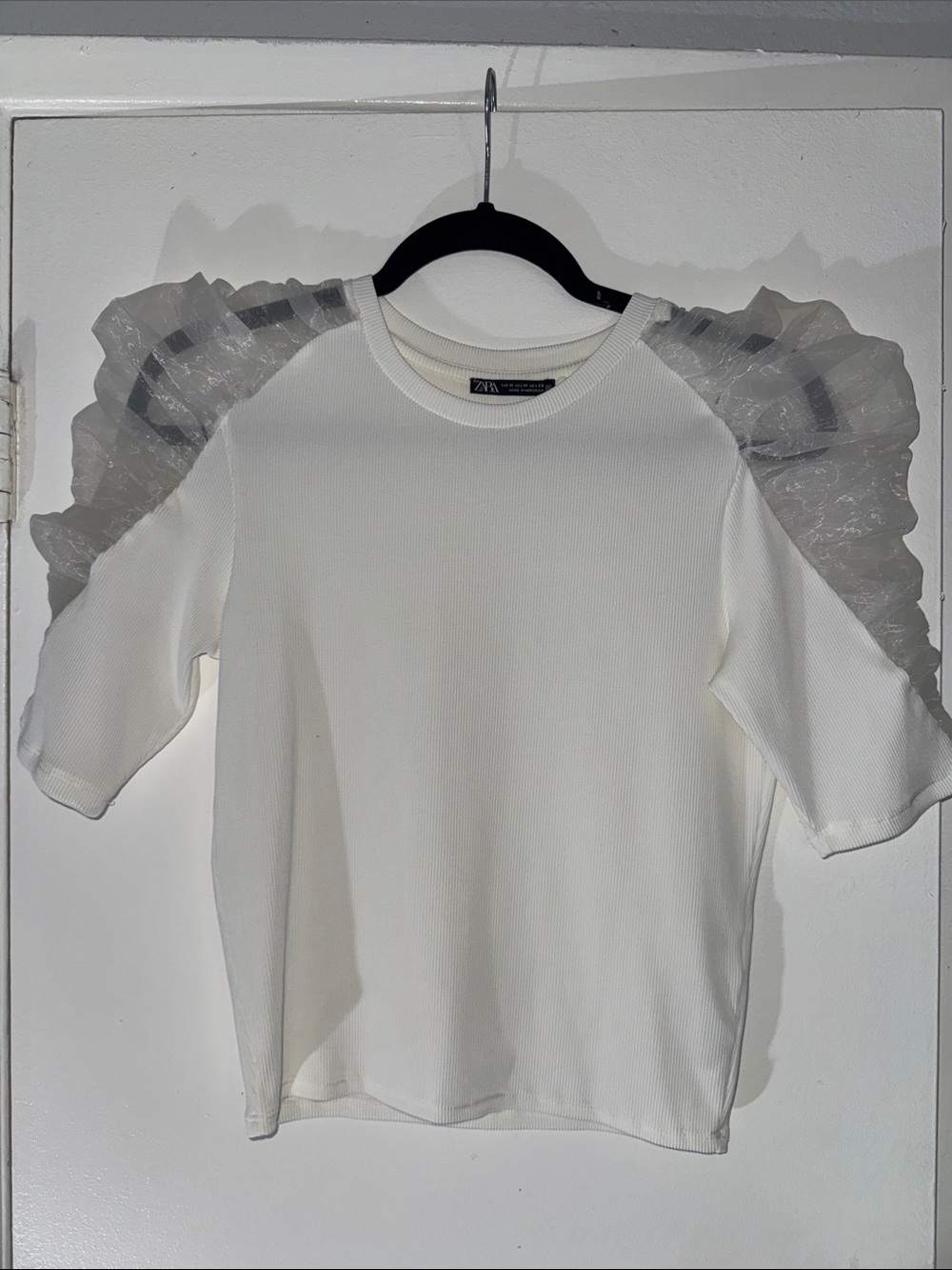Zara Cream Ribbed Top with Sheer Puff Sleeves